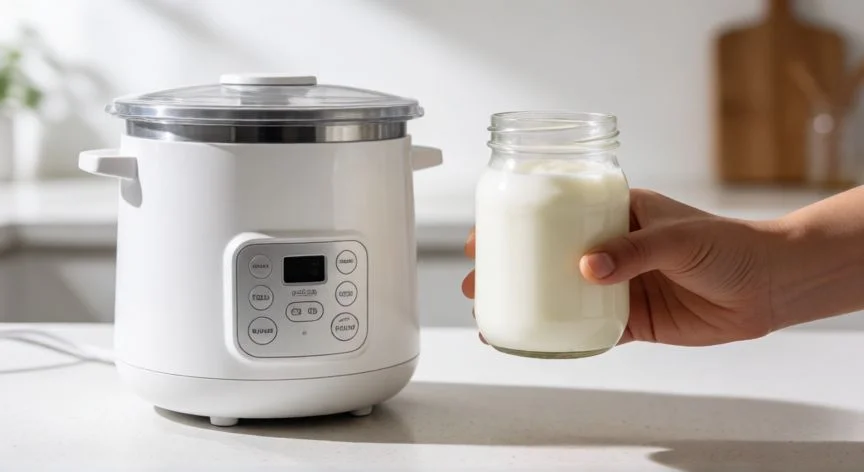 como hacer yogur en yogurtera, Tarro de yogur casero junto a una yogurtera eléctrica moderna