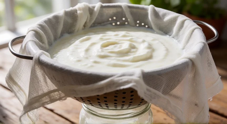 como hacer yogur griego en casa, Colando yogur griego con tela de queso para eliminar el suero líquido