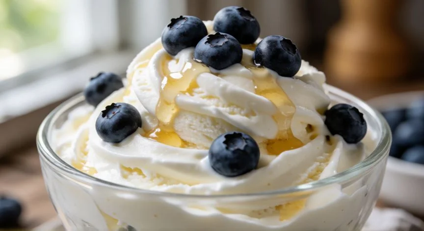 Bowl de yogur helado casero cremoso con arándanos frescos y miel