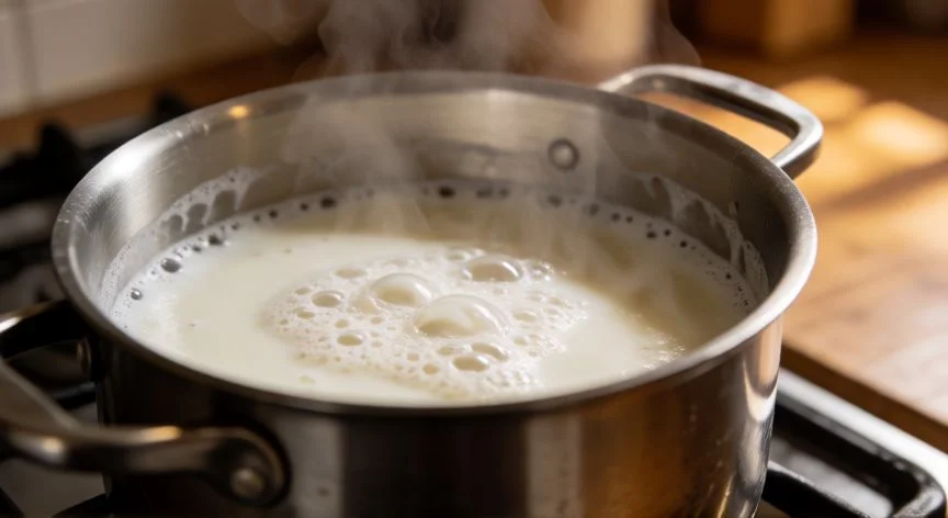 Leche calentándose en una olla al fuego para preparar yogurt casero