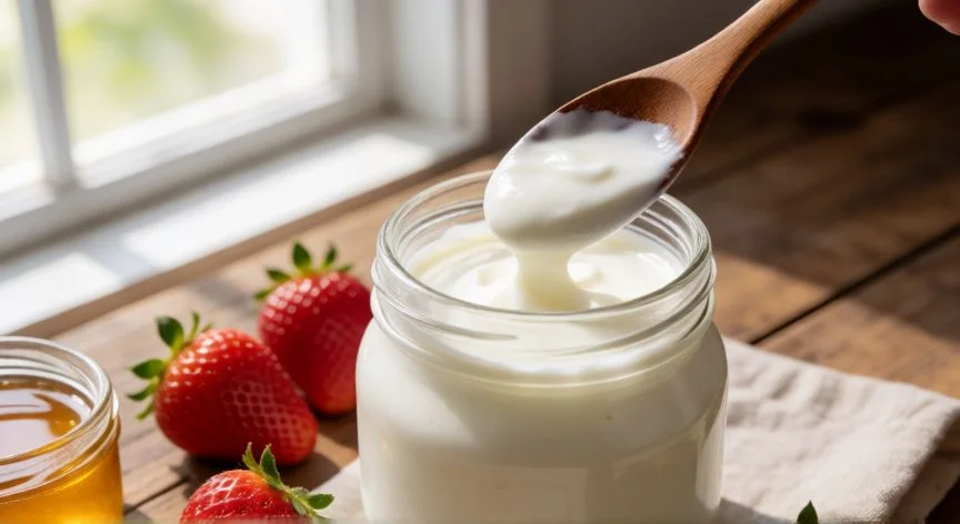 como hacer yogurt casero, Tarro de vidrio con yogurt casero cremoso y fresas frescas