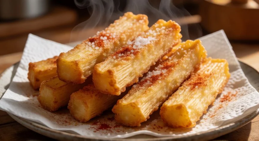 como hacer yuca frita, Yuca frita dorada y crujiente servida con sal y especias