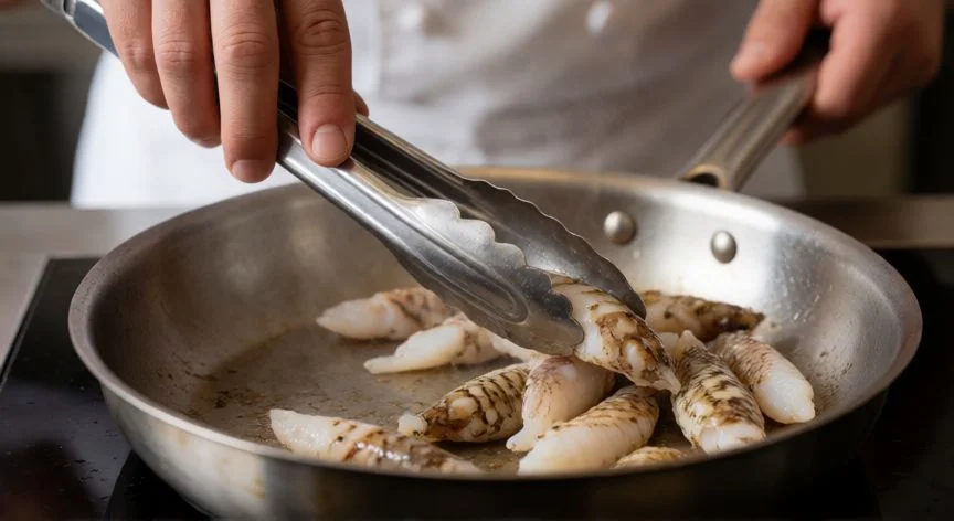 Cocinando zamburiñas frescas en una sartén de acero inoxidable
