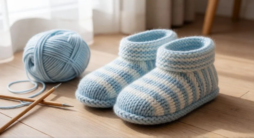 como hacer zapatillas de punto con dos agujas, Manos tejiendo punto elástico 1x1 con dos agujas sobre una botita de bebé en progreso