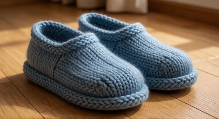 como hacer zapatillas de punto con dos agujas paso a paso, Par de zapatillas de lana tejidas con pompones sobre suelo de madera junto a ventana