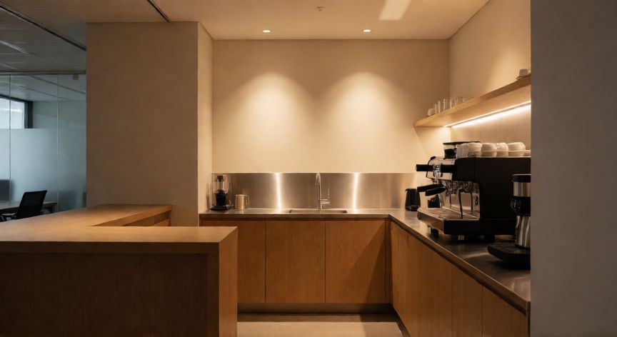 como hacer zona de cafe, Diseño interior moderno de una zona de café con madera clara y metal