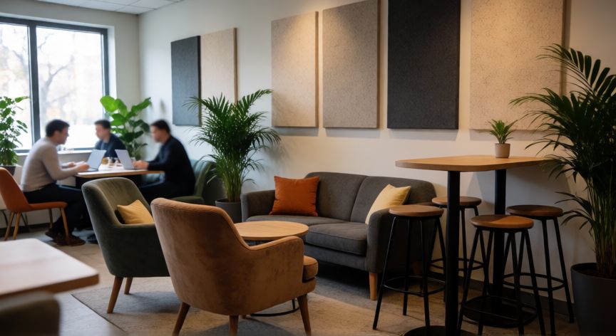 como hacer zona de cafe, Zona de asientos cómoda y acústicamente tratada en una zona de café corporativa