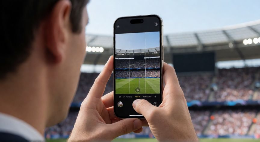 como hacer zoom con el nuevo boton de iphone, Persona usando el atajo de zoom del iPhone para fotografiar un estadio desde lejos
