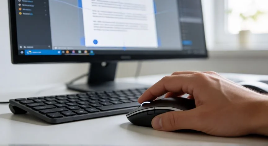 Mano usando la rueda del ratón en un teclado para hacer zoom en el ordenador