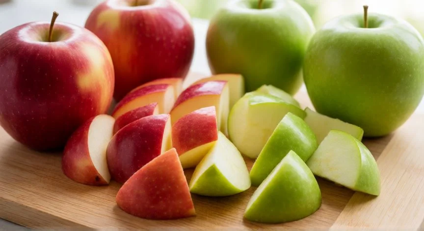 Manzanas frescas cortadas en trozos sobre una tabla de madera