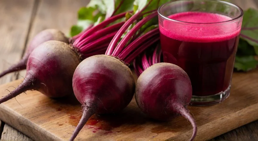 como hacer zumo de remolacha, Zumo de remolacha magenta vertido en un vaso de cristal sobre mesa de cocina rústica