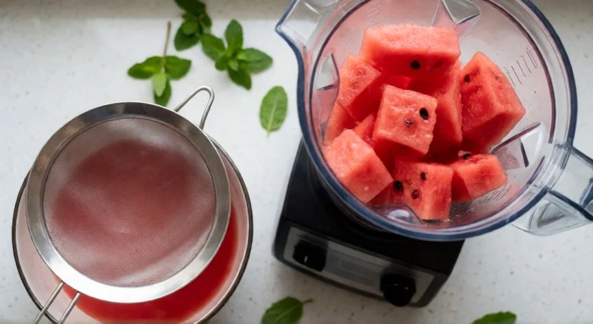 como hacer zumo de sandia, Proceso de filtrar el zumo de sandía con un colador y una licuadora