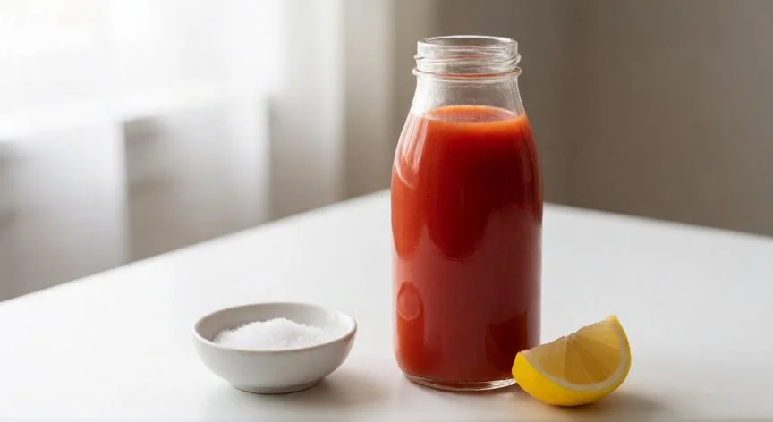 como hacer zumo de tomate, Botella de cristal con zumo de tomate rojo y especias al lado sobre una mesa blanca
