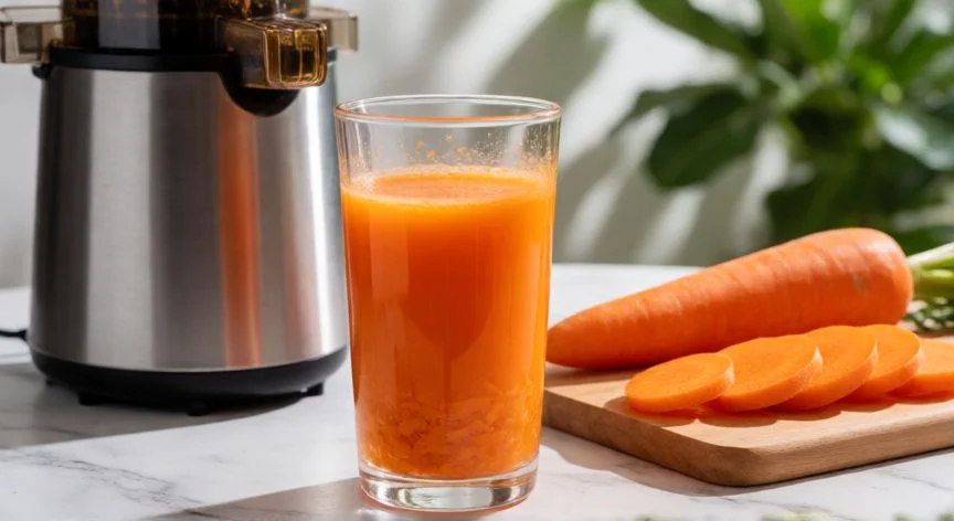 como hacer zumo de zanahoria, Vaso de zumo de zanahoria recién exprimido junto a una extractora de jugos