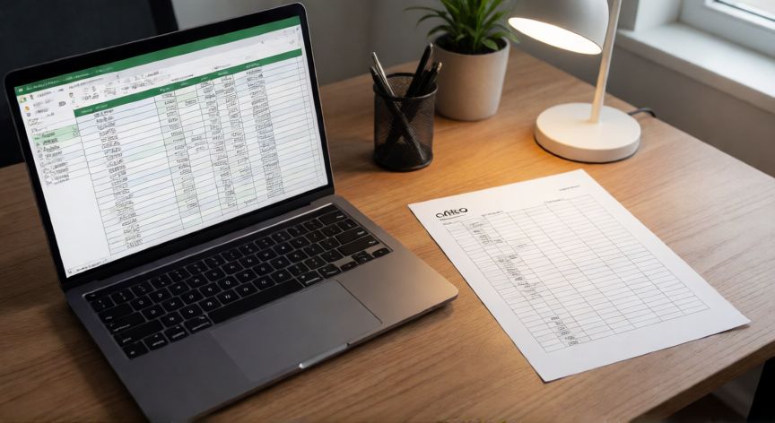 como imprimir en excel oficio, Pantalla de Excel abierta junto a una hoja de papel tamaño oficio sobre un escritorio de oficina