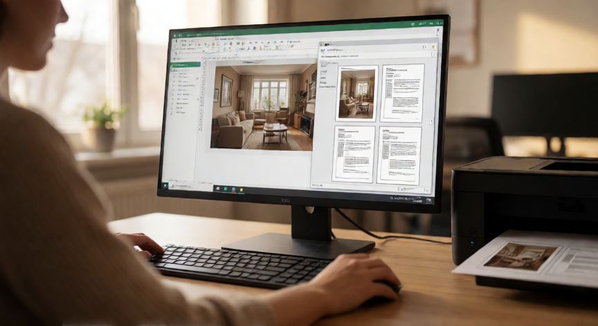 Vista previa de impresión en Excel mostrando una imagen dividida en cuatro hojas en cuadrícula 2x2