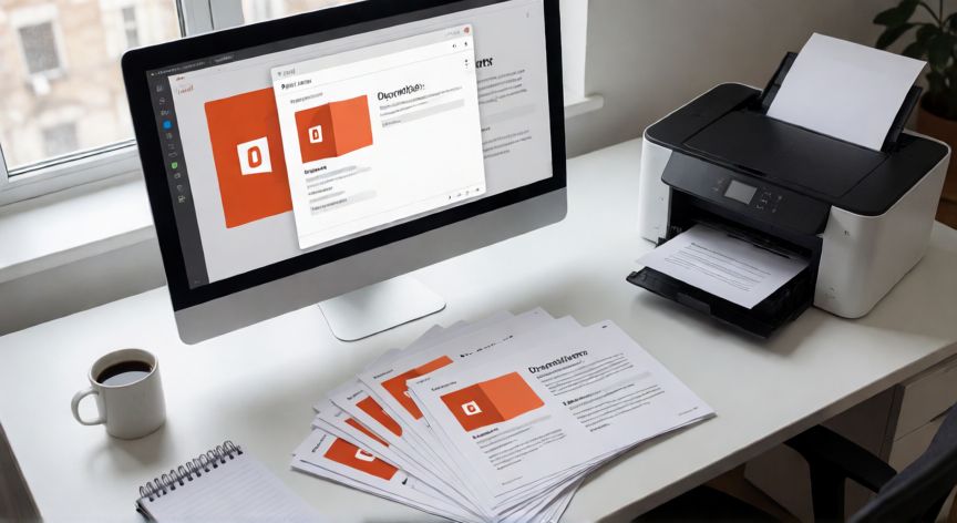 como imprimir en powerpoint, Pantalla de impresión de PowerPoint en un escritorio de oficina con impresora y hojas impresas
