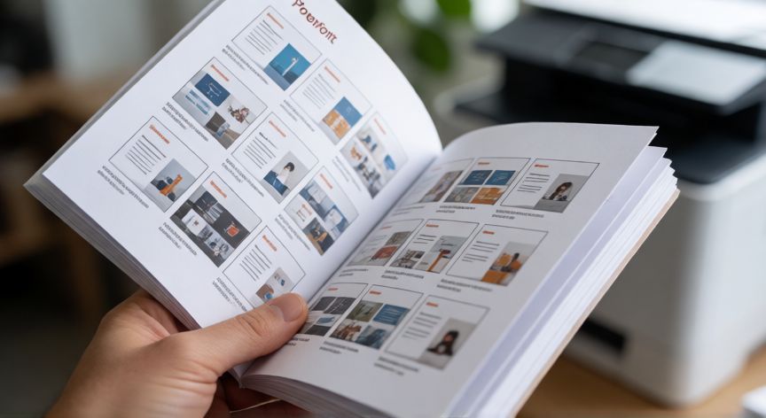 como imprimir en powerpoint, Manos sosteniendo diapositivas de PowerPoint impresas en formato opúsculos de 4 por página