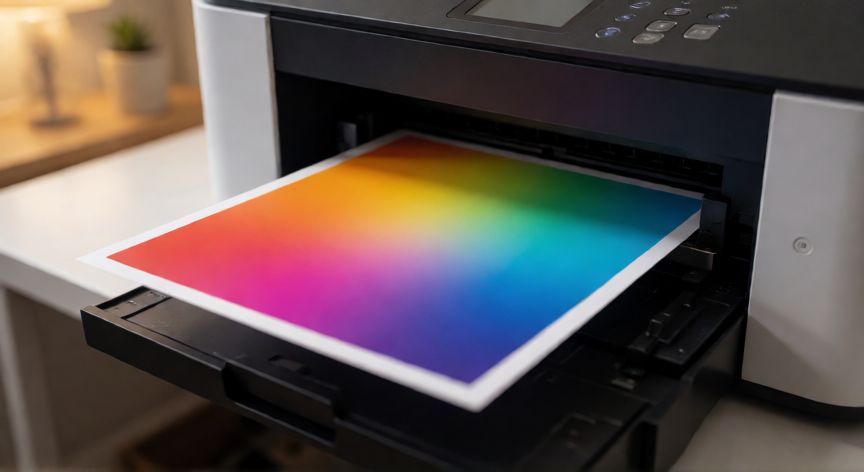 como imprimir en powerpoint sin margenes, Impresora de inyección produciendo una diapositiva con impresión borderless sin márgenes blancos en los bordes del papel