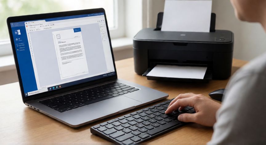 como imprimir en word, Persona usando el atajo Ctrl+P para imprimir un documento en Microsoft Word desde su portátil