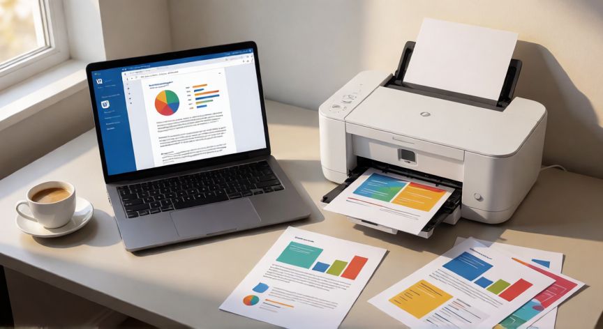 como imprimir en word a color, Escritorio con portátil mostrando Word y una impresora a color lista para imprimir