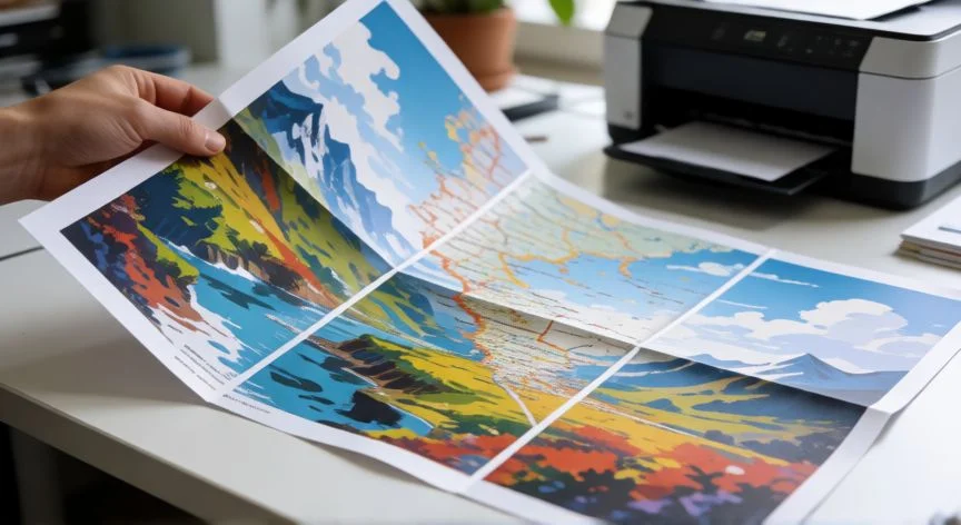 Imagen grande impresa en varias hojas A4 sobre un escritorio con una impresora al fondo