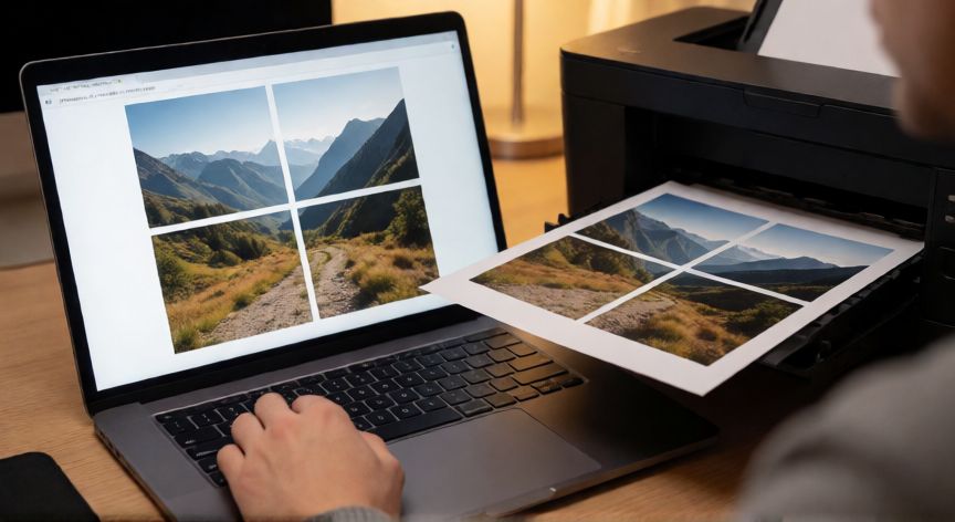 como imprimir en word una imagen en 4 hojas, Persona imprimiendo una imagen en 4 hojas A4 desde Word con diseño de teselas 2x2