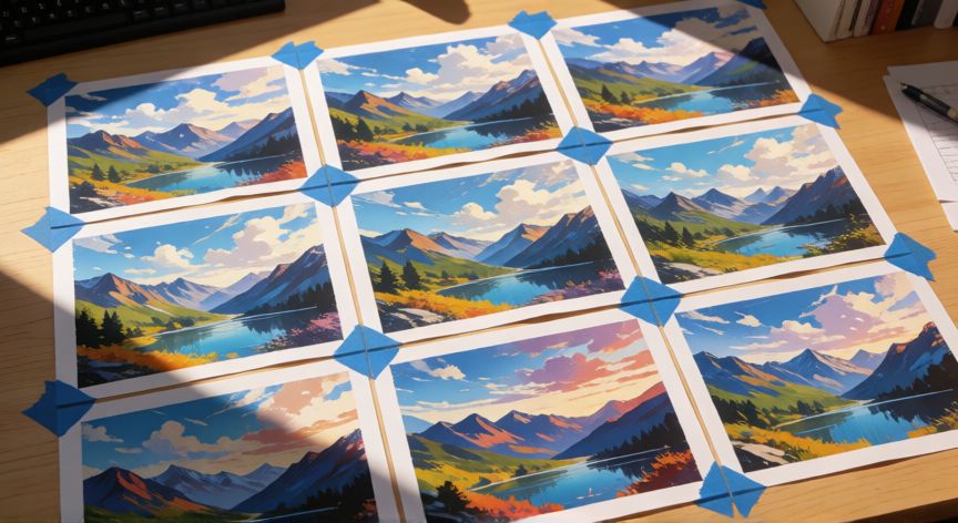 como imprimir en word una imagen en 9 hojas, Nueve hojas A4 en cuadrícula 3x3 con trozos de una imagen de paisaje preparadas para pegar y formar un póster