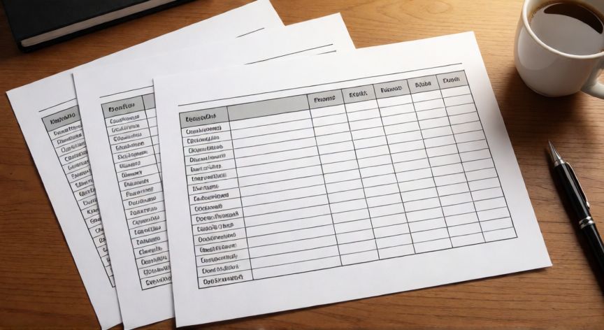 como imprimir excel en 4 hojas, Cuatro hojas impresas de una tabla de Excel con bordes visibles sobre un escritorio