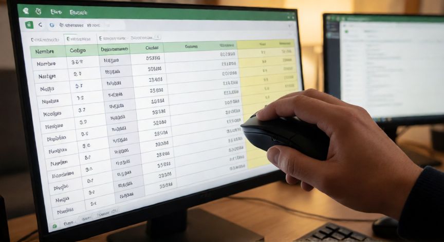 como inmovilizar 4 columnas en excel, Manos seleccionando la columna E en Excel para inmovilizar las cuatro columnas anteriores