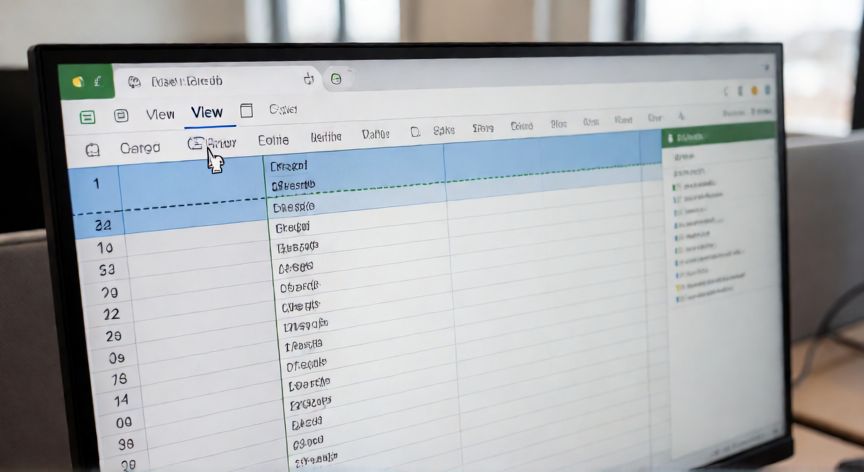 como inmovilizar en excel celdas, Hoja de Excel con paneles inmovilizados en la primera fila mostrando la línea separadora azul