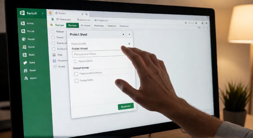 como inmovilizar en excel celdas, Diálogo de protección de hoja en Excel con opciones de contraseña y permisos