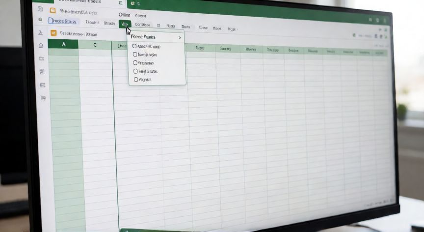 como inmovilizar en excel columnas, Pantalla de Excel mostrando la opción Fijar paneles en la pestaña Vista con columnas A, B y C inmovilizadas