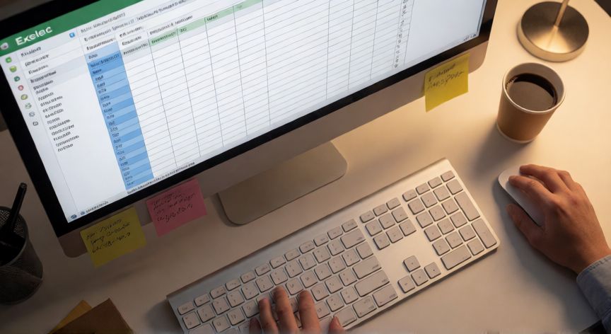 como inmovilizar en excel columnas, Persona trabajando en Excel con columnas congeladas visibles mientras se desplaza por una tabla extensa