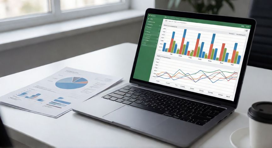 como insertar en excel graficos, Pantalla de Excel mostrando un gráfico de columnas y un gráfico de líneas sobre un escritorio de oficina