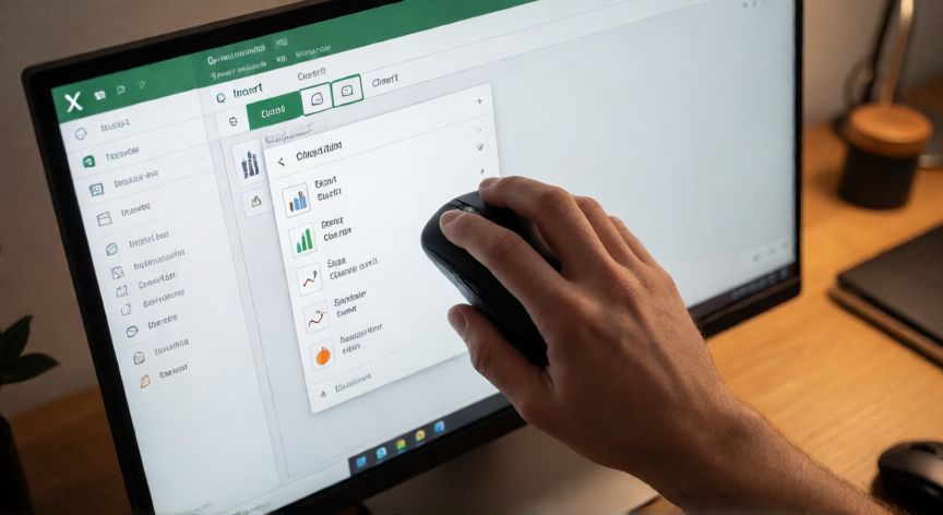 como insertar en excel graficos, Manos seleccionando el tipo de gráfico en la pestaña Insertar de Excel desde un escritorio