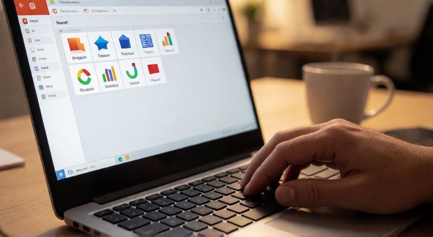 como insertar en powerpoint, Persona usando la pestaña Insertar de PowerPoint en un portátil