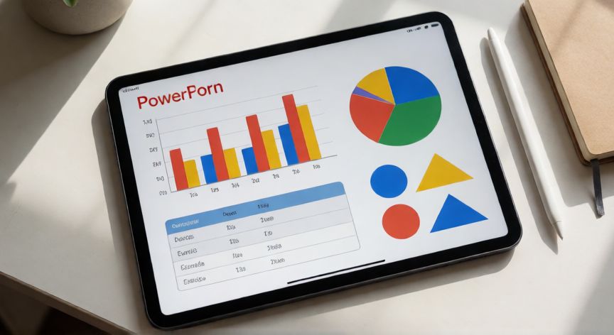 como insertar en powerpoint, Diapositiva de PowerPoint con gráficos, tablas y formas en una tableta