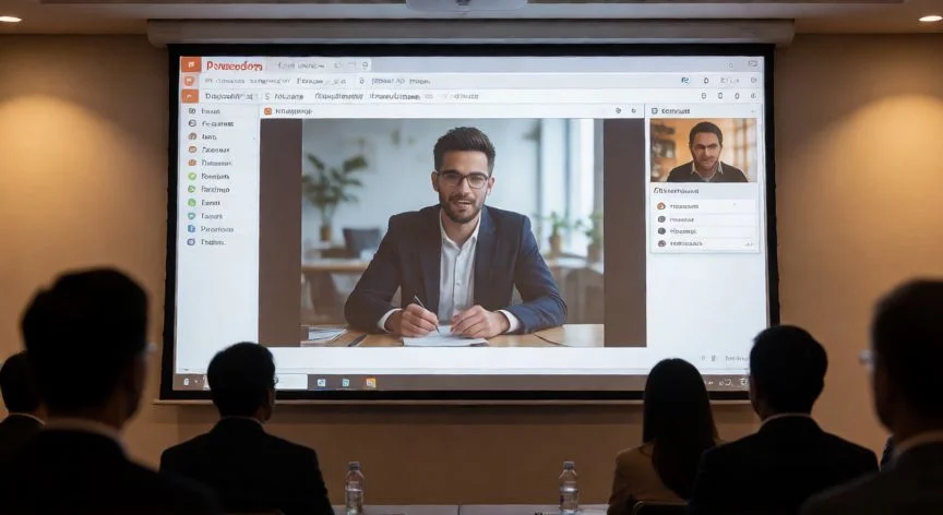 como insertar en powerpoint un video, Sala de conferencias con un proyector mostrando un video de PowerPoint en pantalla completa mientras el público observa