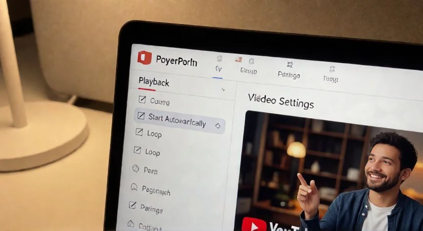 como insertar en powerpoint un video de youtube, Panel de reproducción de PowerPoint con opciones de vídeo configuradas