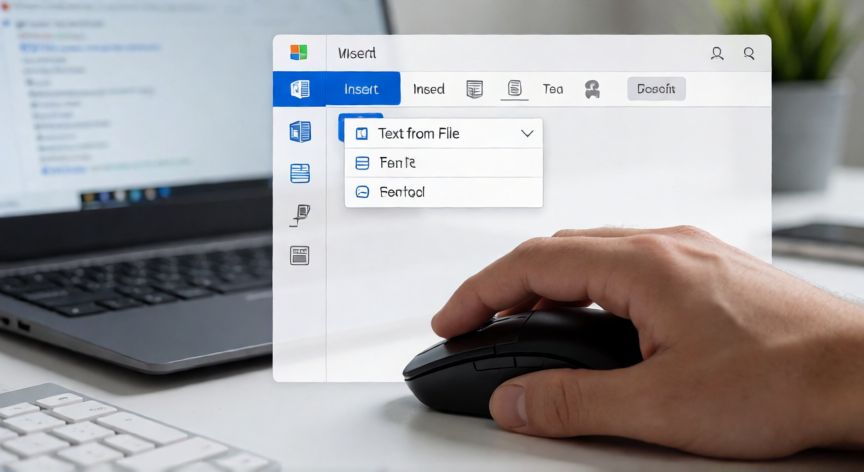 como insertar en word otro documento, Pantalla de Word con la pestaña Insertar activa y la opción Texto desde archivo visible