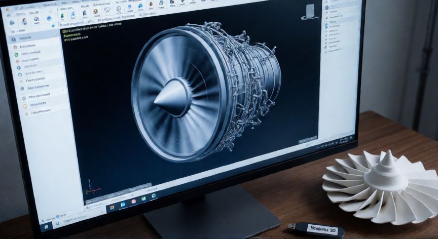 como insertar modelos 3d en powerpoint 2016, Monitor mostrando un modelo 3D de turbina girando con una pieza impresa en 3D sobre el escritorio