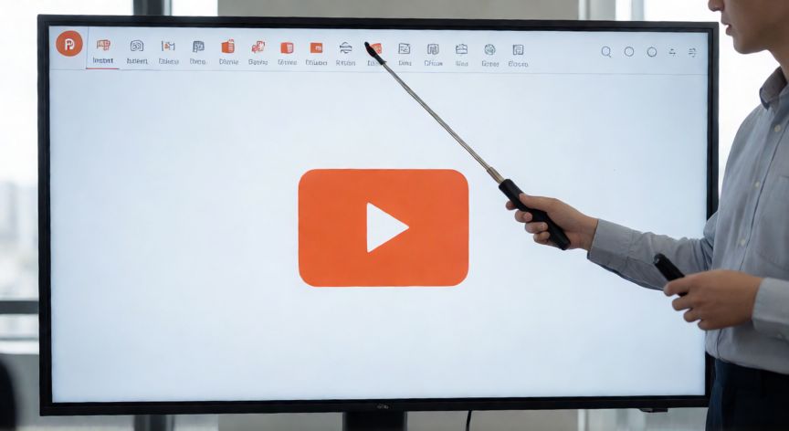 como insertar un vídeo en powerpoint y que se reproduzca, Presentador mostrando una diapositiva de PowerPoint con un vídeo insertado en la pantalla