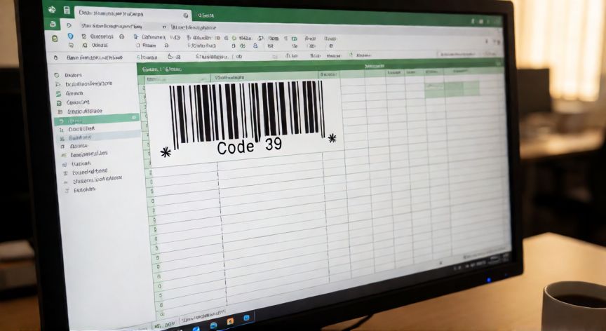 Hoja de cálculo Excel con código de barras Code 39 generado mediante fuente instalada en una celda