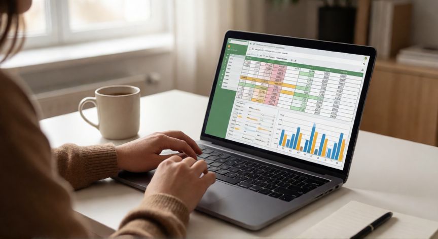 como instalar excel gratis, Persona trabajando en una hoja de cálculo de Excel Online desde el portátil en casa