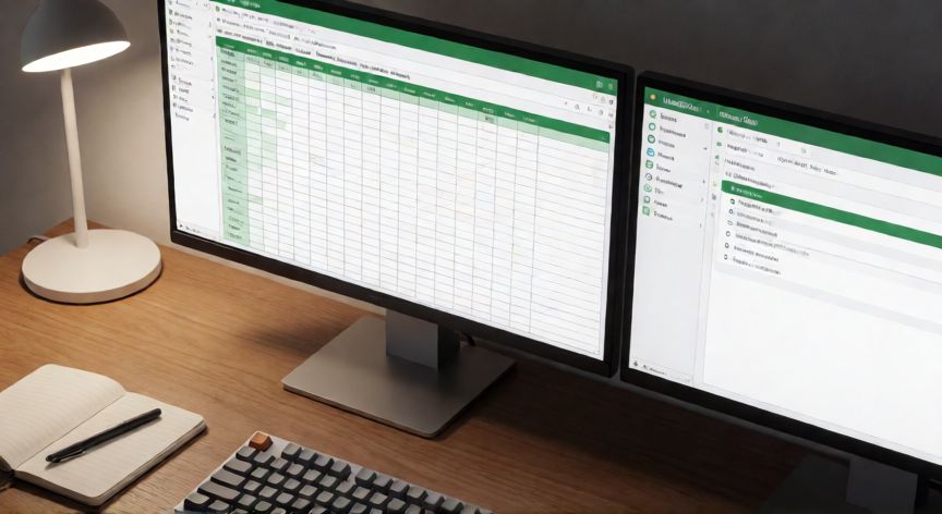 como instalar excel gratis, Comparación visual de LibreOffice Calc y una hoja de cálculo tipo Excel en dos monitores