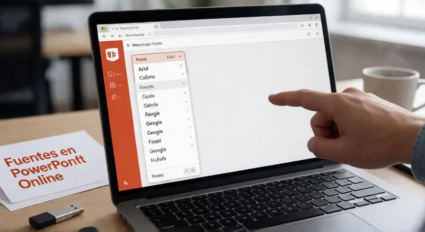 como instalar fuentes en powerpoint online, Pantalla de PowerPoint Online mostrando el menú desplegable de fuentes disponibles en el navegador