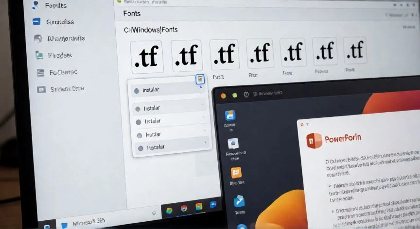 como instalar fuentes en powerpoint online, Ventana de fuentes de Windows mostrando la instalación de una fuente .ttf junto a PowerPoint de escritorio