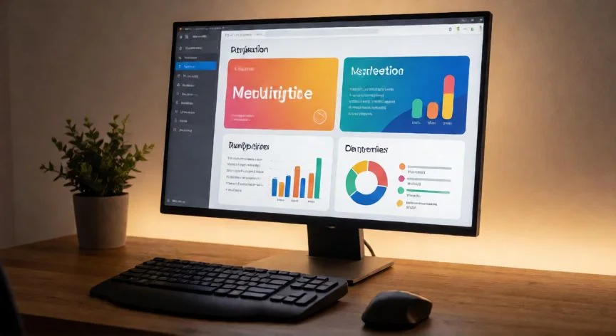 como instalar powerpoint gratis, Monitor de escritorio mostrando LibreOffice Impress con una presentación de diapositivas de colores en un espacio de trabajo acogedor