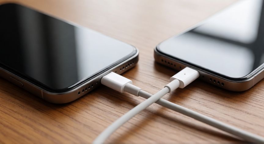 como iphone carregar outro, Dois iPhones conectados por cabo Lightning sobre mesa de madeira